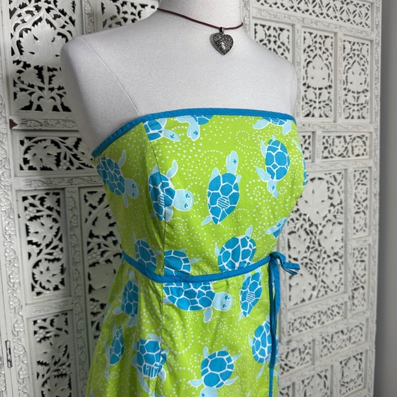 Vtg Lilly Pulitzer White Label Green & Blue Sea Turtle Print Strapless Dress - Picture 3 of 7
